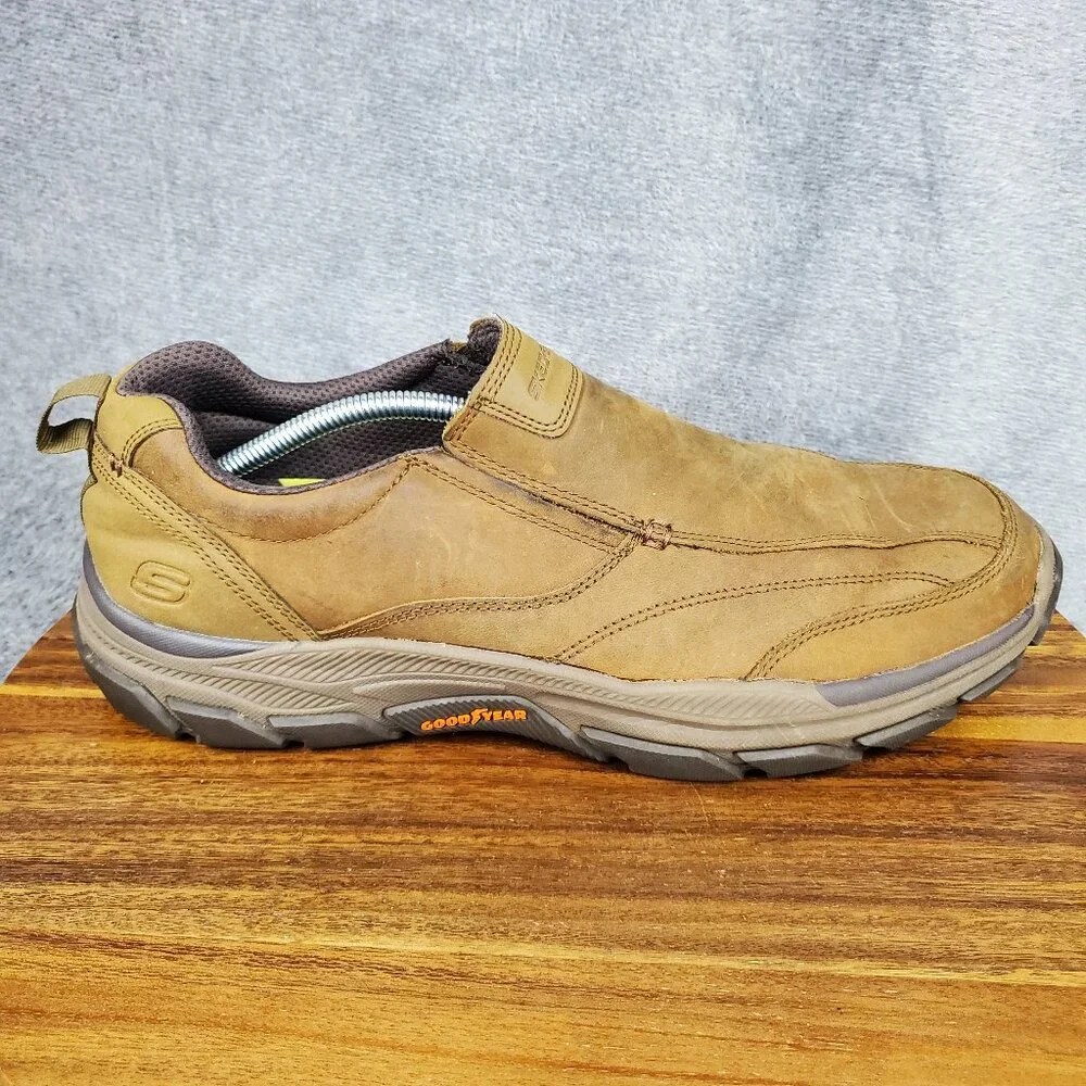 Skechers Shoes Mens 13 Brown Leather Slip On Bike Toe Comfort Relaxed Fit Casual